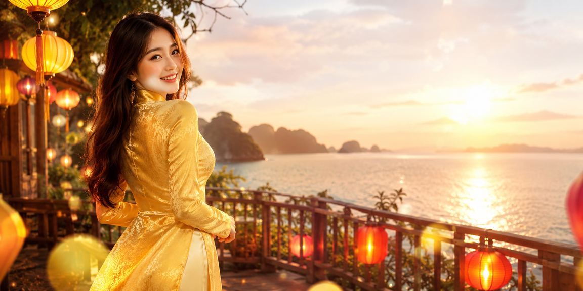 Cô gái mặc áo dài trải nghiệm đăng ký tài khoản h2t tại Hội An